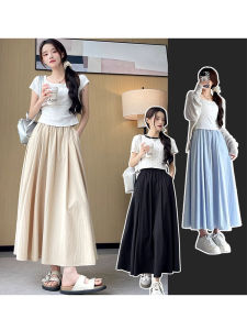 plus Size 200 Pounds Womens Summer Thin High Waist Slimming Loose Drapey Pleated Long Skirt Korean Style A-Line Midi Skirt
