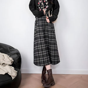 Retro High Waist Tweed Plaid Mini Skirt Autumn Winter New Style Slimming Midi Length A-Line Skirt for plus Size Women