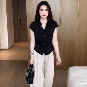 YOUFAN | Slim Waist Short Sleeve Shirt  For Petite Women Summer