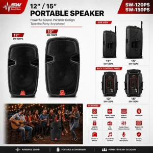 SOUNDWAVE PORTABLE SPEAKER 12 / 15 Inch 300W PORTABLE SPEAKER WITH TWS MICROPHONE AND REMOTE