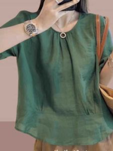 Summer 2025 Womens Loose Casual Thin Cotton Linen Short Sleeve Shirt plus Size Retro Slim round Neck Top Korean Style Commute