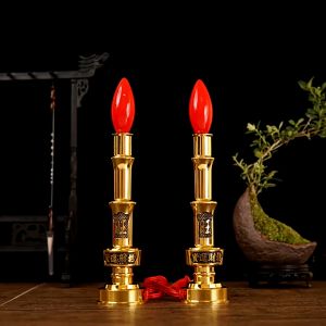Lampu Lilin Emas Tembaga Set Lilin Sembahyang Dupa Puja Altar Lampu Led Listrik Lilin Alloy Polos