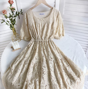 Váy Midi Chữ a Cổ Tròn Tay Ngắn Ren Thắt Eo Cạp Cao Váy Công Sở Phong Cách Hàn Quốc Mùa Thu 2021 Váy Nữ