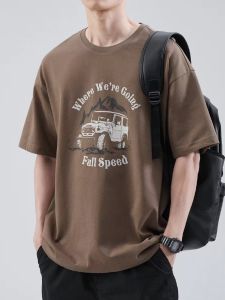 Retro American 100% Pure Cotton Trendy Short Sleeve T-Shirt Mens Summer Loose High Street Top Cartoon Print Casual Tee