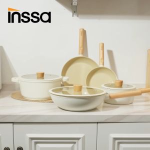 【Special Price】INSSA Saucepan Wok Frying Pan Induction Cooker Non-Stick Soup Pot Stockpot Wooden Handle Visible Cover Lid 8PCS(include pots and lids)