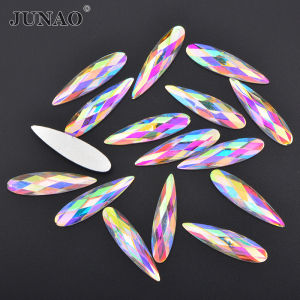 JUNAO 20Pcs 9*36mm Large Crystal AB Teardrop Rhinestone Flat Back Glue on Acrylic Strass Applique Non Hotfix Crystal Stones