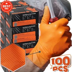 2-50Pcs Duty Orange Nitrile Gloves 8Mil Industrial Disposable Gloves with Diamond Textured Grip for Mechanic Safety& Work Gloves