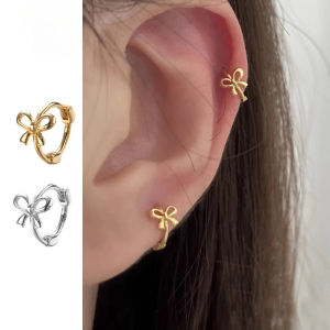 Korean 14K Gold Butterfly Bow Round Piercing Earrings Exquisite Elegance Hypoallergenic Round Ear Jewelry Accessories