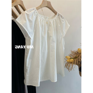 French Elegant White Puff Sleeve Loose Fit round Neck Back Hollow out Summer Shirt Womens Design Sense Top