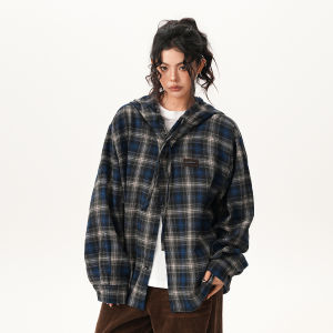 BWKA American Retro Striped Hooded Shirt Loose Fit Womens Mens Autumn New Trendy Brand Versatile Shirt Casual Style Button Detail