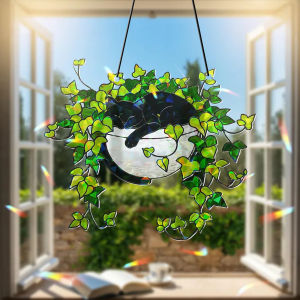 แมวน้อยน่ารักในกระถางต้นไม้ ตกแต่งหน้าต่างแบบแขวนอะคริลิค จับแสงแดด กระถางดอกไม้พร้อมใบไม้ ของตกแต่งแขวนผนังสำหรับบ้านและสวน