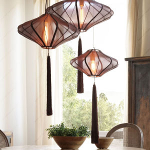 New Chinese Style Staircase Hall Living Room Restaurant Lantern Chandelier Vintage Hanging Lamp Decorative Iron Fabric Pendant Light