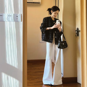 Quần Jeans Ống Loe Màu Trắng Cạp Cao Cho Nữ Quần Dài Dài Đến Sàn Thời Trang Mùa Thu Quần Jeans Denim Thường Ngày Cho Nữ