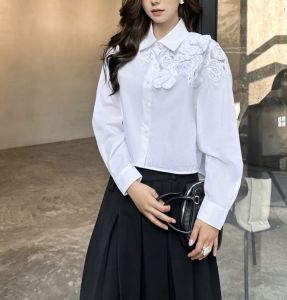 Handmade Pure Cotton White Shirt Lace Splicing Long Sleeve Short Style Loose Fit Top French Style Flip Collar Single Button Closure
