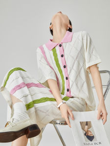 XIAODADEHUA | Dopamine Colorful Stripes Short Sleeve Knit Cardigan Set Two-Piece Suit