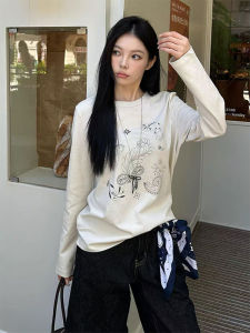 Ladies Loose Fit Long Sleeve T-Shirt Korean Style Early Autumn Floral Print Lazy Base Shirt Casual Versatile Top