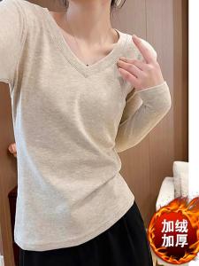 plus Size Casual Fleece Long Sleeve Womens T-shirt Inner Wear Base Shirt Thickened Autumn Season V-neck Straight Cut Style