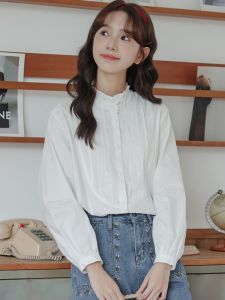 Elegant White Long Sleeve Embroidered Collar Shirt Korean Style Stand Collar Pleated Edge Womens Top for Autumn Season