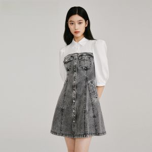 Vero Moda Casual Sweet Cool Spliced Bubble Sleeve Denim Skirt Womens Dress Autumn Winter Clearance Elegant A-line Skirt