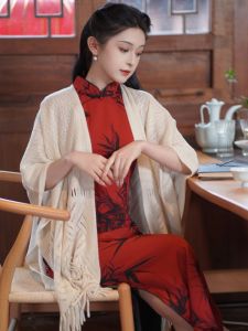 Autumn New Style Floral Summer 2024 Tassel Shawl Outerwear Hollow out Knitted Cardigan for Cheongsam Multi-Functional Accessories