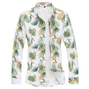 Mens Long Sleeve Floral Shirt Elastic plus Size Casual Trendy Spring Autumn New Style Polyester Spandex Polyester Fiber Resistant to Fading And Deformation