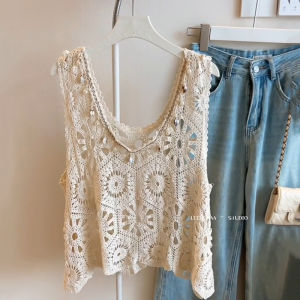 Áo Len Dệt Kim Bohemian Không Tay Mùa Hè Cho Nữ Áo Khoác Ngoài Rộng Rãi Áo Vest Khoét Rỗng Áo Sơ Mi Không Tay Cổ Tròn