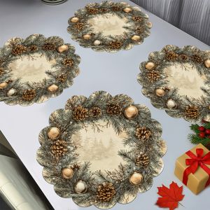 VIKAMA 4 Món Giáng Sinh Nhánh Thông Placemats Viền Lượn Sóng Hình Tròn Trang Trí Polyester Tiệc Tối Trang Trí Bàn Dễ Dàng Chăm Sóc Colorfast