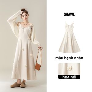 SHANGWEILUO | Đầm Len Dài Tay Hoa Văn 3D Phong Cách Pháp Góp Đỡ Eo