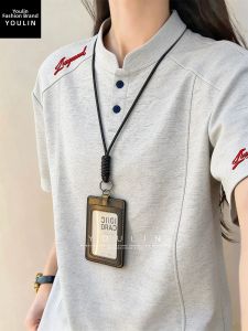 YOULIN | Gray and Red Embroidered Collared Straight Shoulder Short Sleeve Mens Polo Shirt