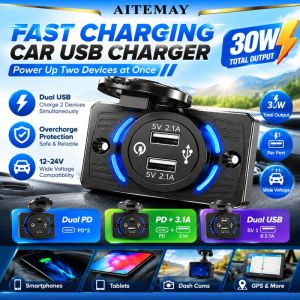 Aitemay Cổng USB kép sạc điện dùng trên xe hơi QC3.0 PD sạc nhanh 12V 24V Xe Adapter với trượt bụi che cho xe tải xe máy RV điện thoại thông minh máy tính bảng