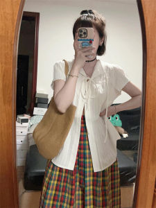 Organ Pleated Lace-up Shirt Retro Romantic Lace Sleeve Denim Casual Loose Outer Tops Shirt Womens Summer New Arrival