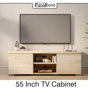 Panelbond 55" TV Cabinet with Two Doors and Solid Wood Legs Multi-Function Media Control Center with 2 Cable Holes for Living Room Bedroom
