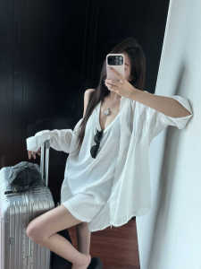 Áo Sơ Mi Chống Nắng Cổ Chữ V Rộng Rãi Váy Vest Trắng Mùa Hè Trang Phục Hai Mảnh Thoải Mái Chất Liệu Khác Áo Chui Đầu Dài Tay