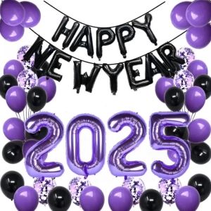 Happy New Year Balloon Decor Set Purple Sequin Balloons Happy New Year Letters Foil Balloon Banner for New Years Eve Party Decoration