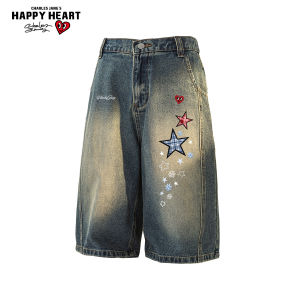 CHARLES JANGS HAPPY HEART | Star Print Washed Jeans Shorts