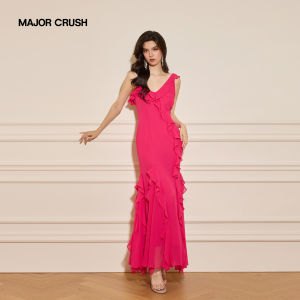 Spring and Summer New Pink V-Neck Ruffled Fitted Dress