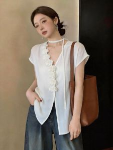 3D Flower V-Neck Slimming Hanging Neck Suspenders Blouse