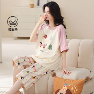 TUCANO Pure Cotton Womens Sleepwear Short Sleeve Seven-Piece Pants Home Clothes Set with Chest Pad Cool Sensation Outdoor Wearable