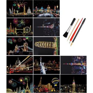 12 Pieces of Magic Scratch Painting Crafts DIY World Scenery Scratch Painting Paper Children Adult Stress Relief Toys DIY Gifts