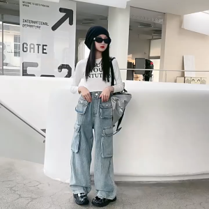 Denim Cargo Jeans for Kids Girl Super Pockets Wide-leg Cargo Pants Maong Pants for Kids Girl Causal Pants 7-16Yrs