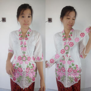 Atasan Kebaya Encim Bordir Moderen Lengan 3/4 Warna Putih Pink Chalista