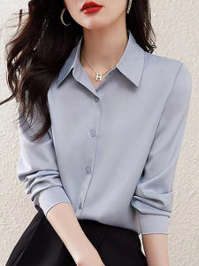 Elegant Satin Finish Iron-Free Professional Shirt Womens Spring Autumn Design Acetate Top Silk Shirt Commute Korean Style Slim Fit Long Sleeve Polo Collar