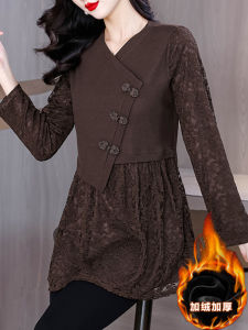 Ladies Mid-Length Fleece-Lined Thickened Long Sleeve Lace Base Shirt Spring Autumn Winter New Style Chinese Style Inner Wear