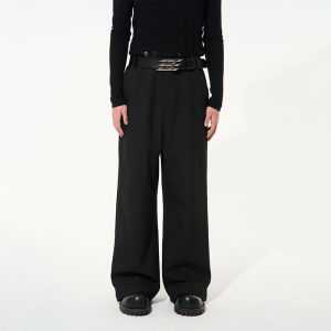 Blindnoplan Casual Straight Leg Adjustable Waist Side Zip Design Wide Leg Pants Long Trousers Polyester Viscose Spandex