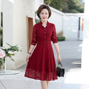 Spring Autumn New Style Mommy Lace Dress Mid-Length Knee-Sweeping Womens Fashion 40-50 Years Old Wide Lady A-Line Skirt