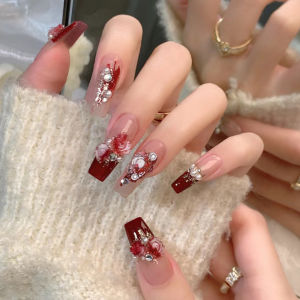 Handmade Gradient Rose Red Nail Art Stickers Wearing Type White Enhancing Nail Patches Pure Desire Style Fashionable Beauty Tools