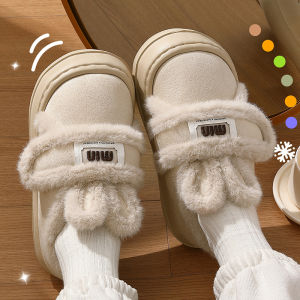 รองเท้าแตะผู้หญิงแบบสวมหุ้มข้อ ขนแกะ หัวเข็มขัด หัวกลม ทรงหัวมน พื้นยาง EVA รองเท้าแตะสำหรับใส่ในบ้านและออฟฟิศ ฤดูหนาว 2024