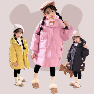 Winter Girls Down Jacket Long Style Thick Warm Cartoon Bear Fashion Hooded Coat For 2-7 Years Kids Children Outerwear Clothing