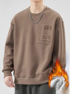 ROMON | Romon Mens Fleece Lined Sweatshirt Casual Long Sleeve Round Neck T-shirt Loose Fit Youthful Style Winter Season Fashionable Brand
