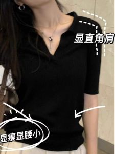 เสื้อยืดคอกลมแขนสั้นถักสีดำ ทรงเข้ารูป สำหรับผู้หญิง ฤดูร้อน 2025 ดีไซน์ใหม่ เสื้อชั้นใน เสื้อคลุมกันหนาว เสื้อผ้าทำงาน สไตล์เกาหลี